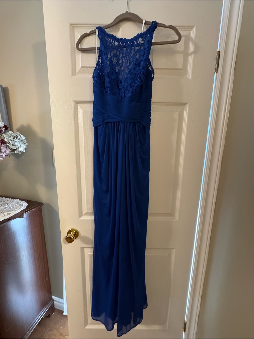 David's Bridal Royal Blue Lace Bodice Maxi Dress